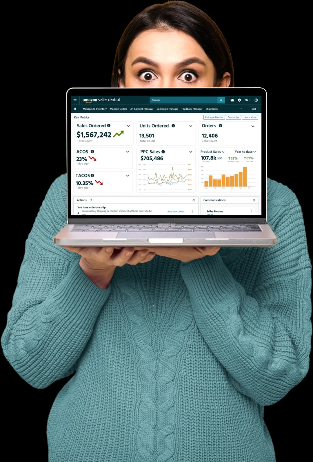 Woman managing Amazon business on laptop