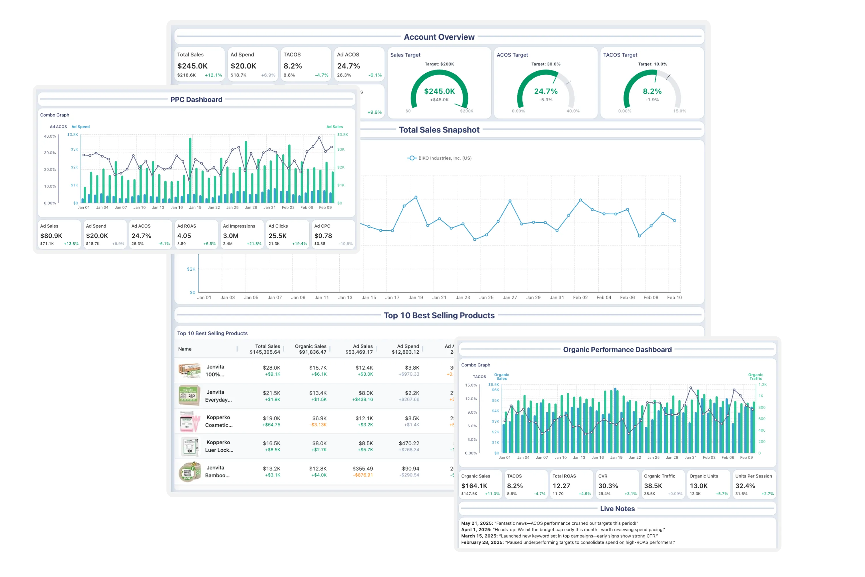 TAW Analytics Dashboard — Account Overview, PPC Performance, Organic Rankings & Sales Data