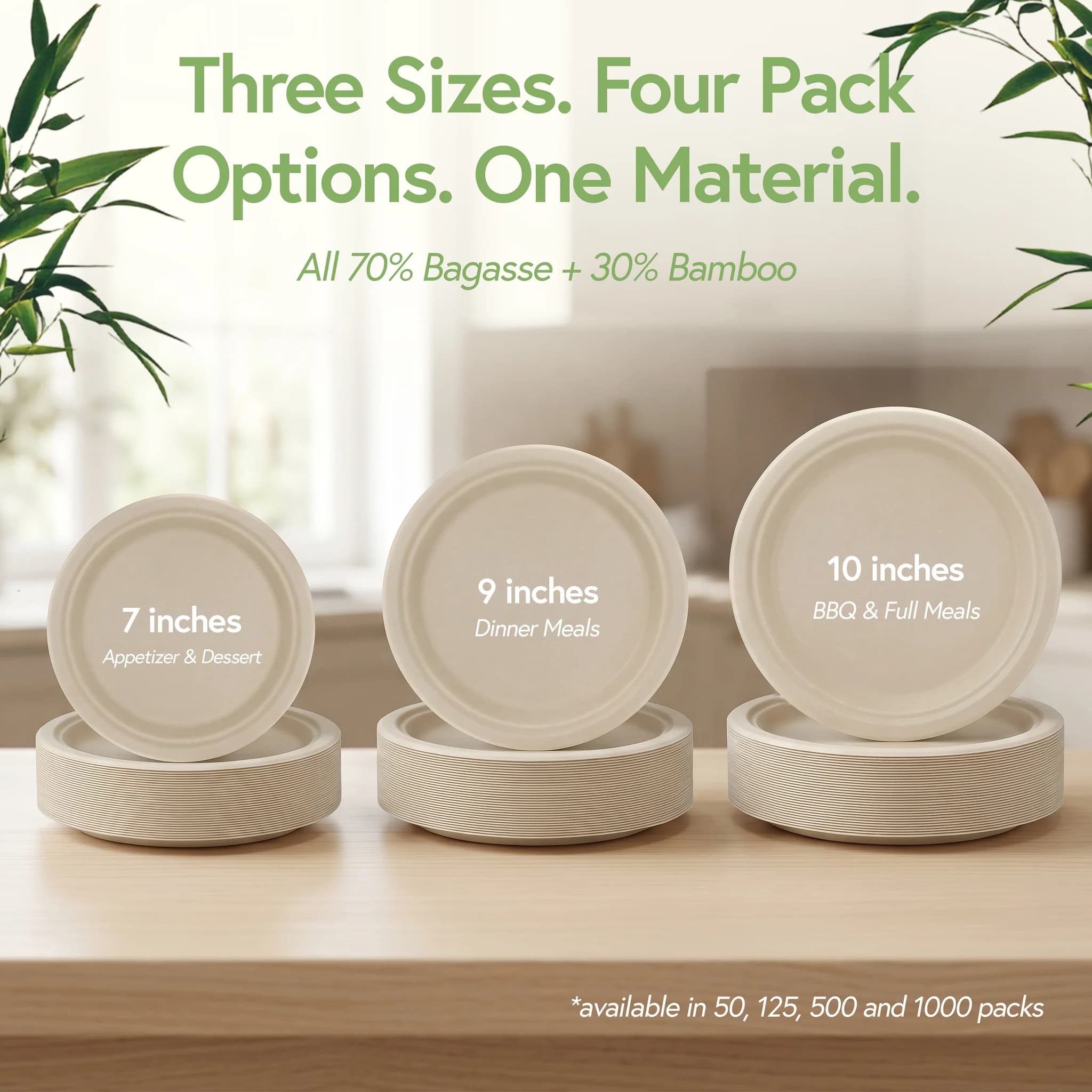 Jenvita bamboo plates — three sizes, four pack options
